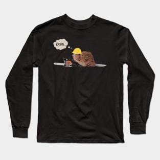 Brown Beaver with Chainsaw and Safety Helmet Long Sleeve T-Shirt